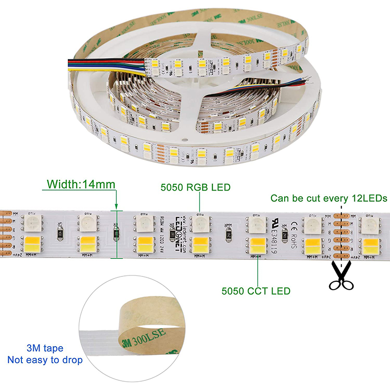 DC24V RGB+CCT Double Row LED Light Strips Color Changing Lighting 16.4ft DC24V RGB+CCT Double Row LED Light Strips Color Changing Lighting 16.4ft